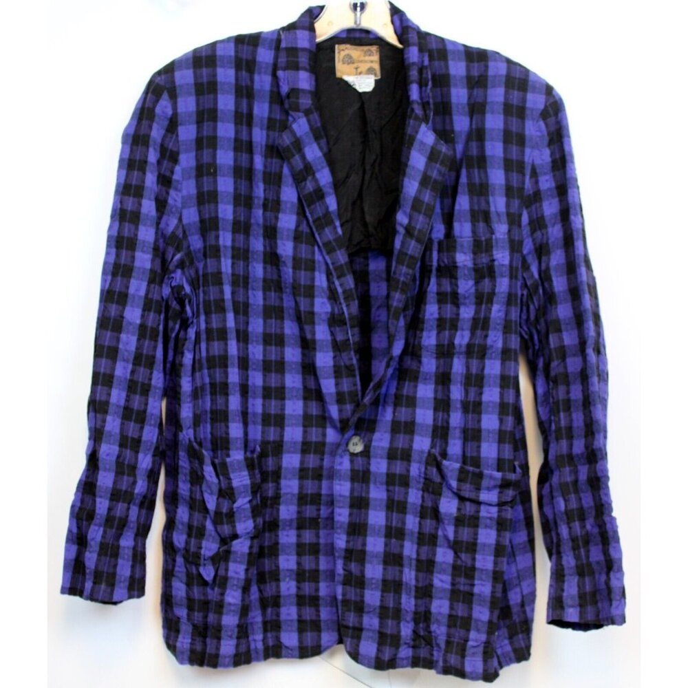 VTG 80s Address Unknown Purple Black Plaid Seersucker Blazer Pockets Ruffle Pads